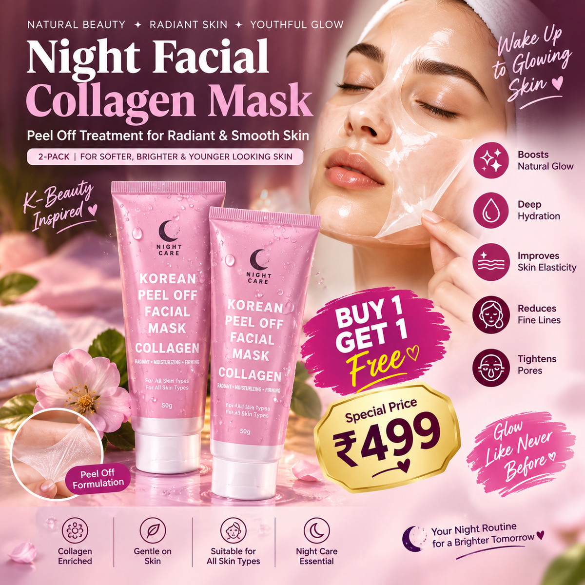 Night Facial Collagen Mask 2-Pack | Korean Peel-Off Facial Mask for Smooth & Glowing-Looking Skin | Buy 1 Get 1 Free